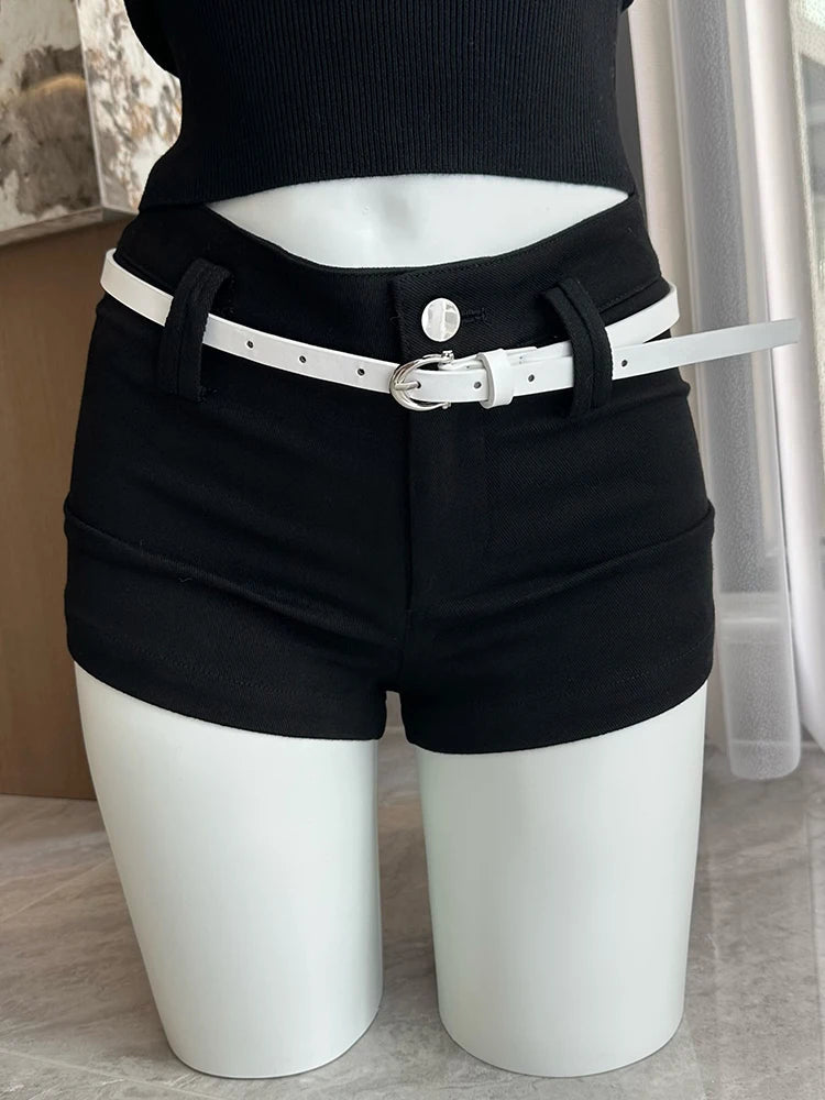 Women Harajuku Gyaru Preppy Outfits 2 Piece Set Long Sleeve Fake Two Pieces Shirts + Y2k 2000s Aesthetic Shorts Hot Pants Belt