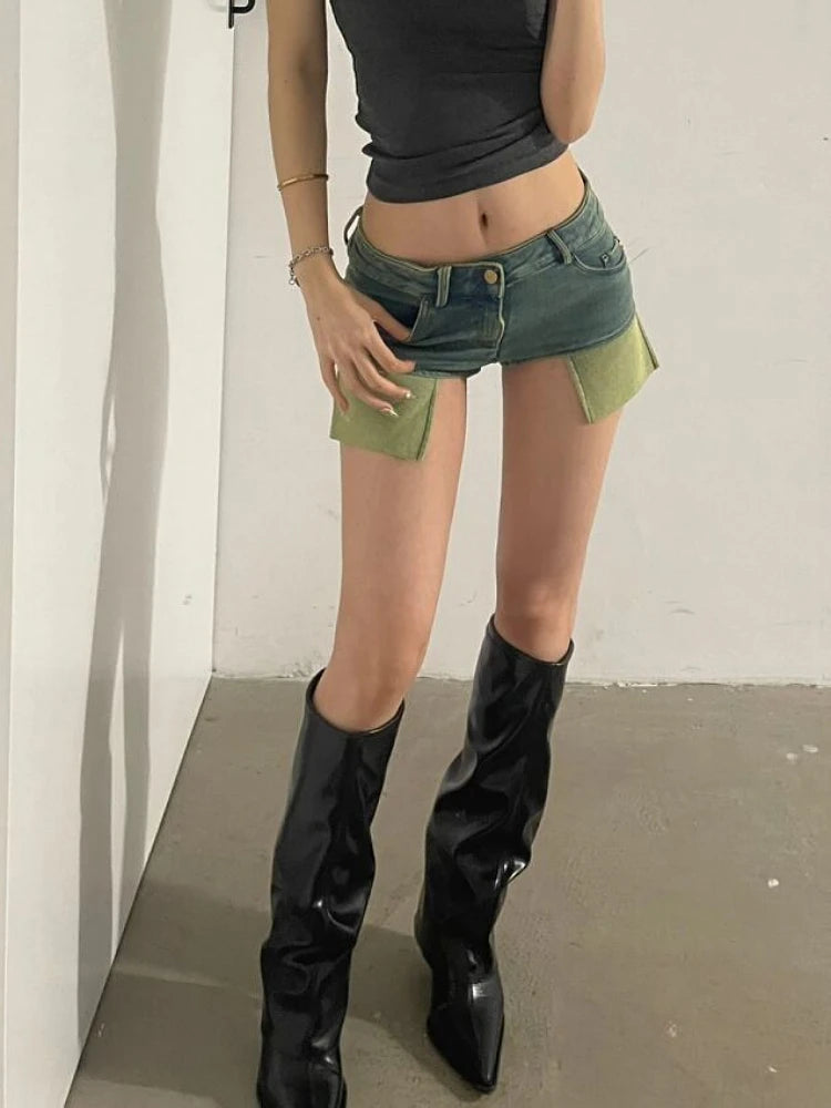 Woman Tiedyed Jean Low Waist shorts Tight Bodycon Denim Button Shorts Patchwork Hot Pockets Pants Streetwear Sexy Gyaru