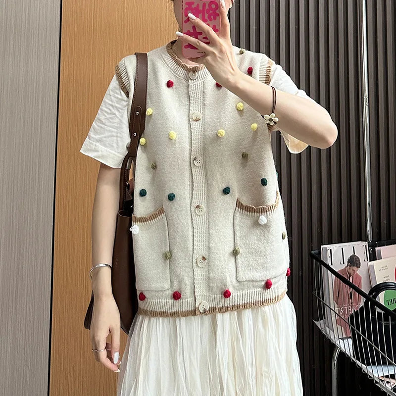 Autumn New Vintage Sweater Vest Women Chaleco Mujer Japanese Loose Cardigan Waistcoat Sweet Wave Point Knitwear Top