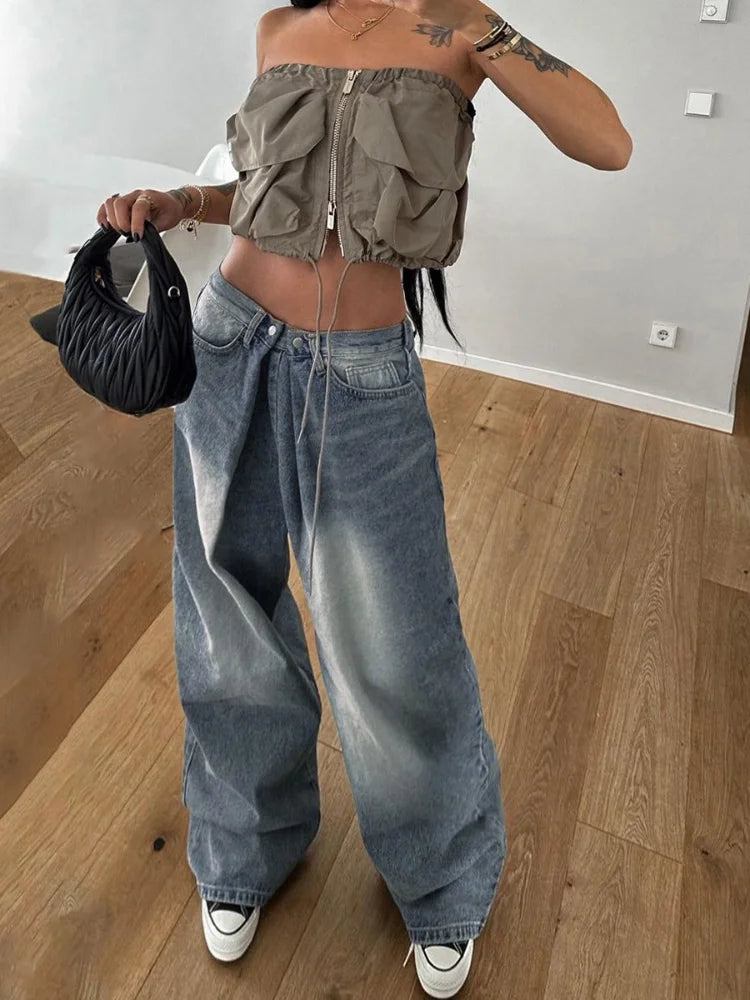 Y2k 90s Vintage Streetwear Low Waist Cargo Pants American Retro Fashion Casual Baggy Oversized Denim Trousers 2024 Chic