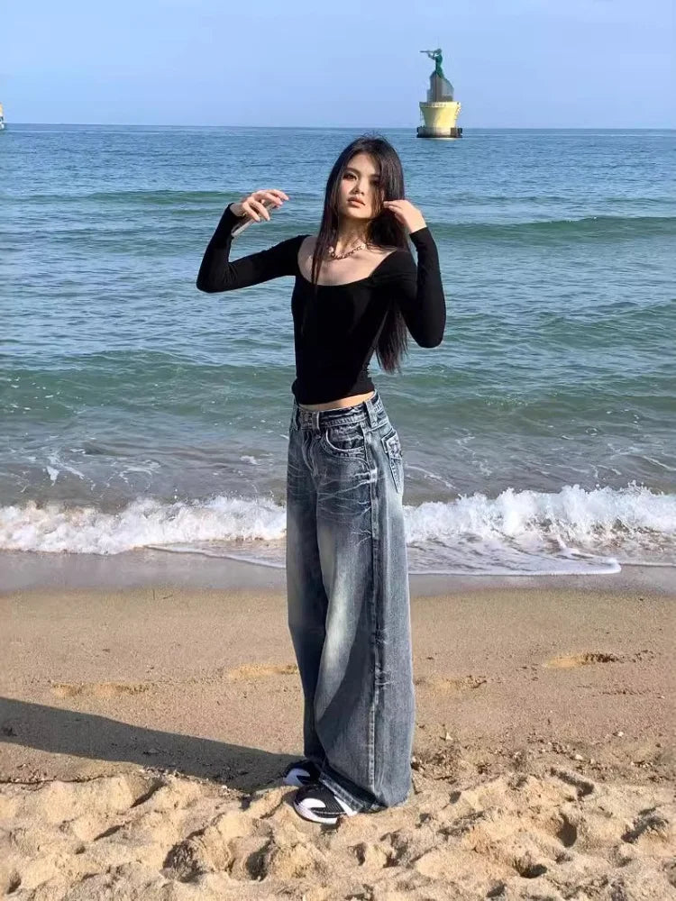 Y2k Vintage 90s Streetwear High Waist Wide Leg Pants American Retro Grunge Hip Hop Oversized Baggy Denim Pants 2024