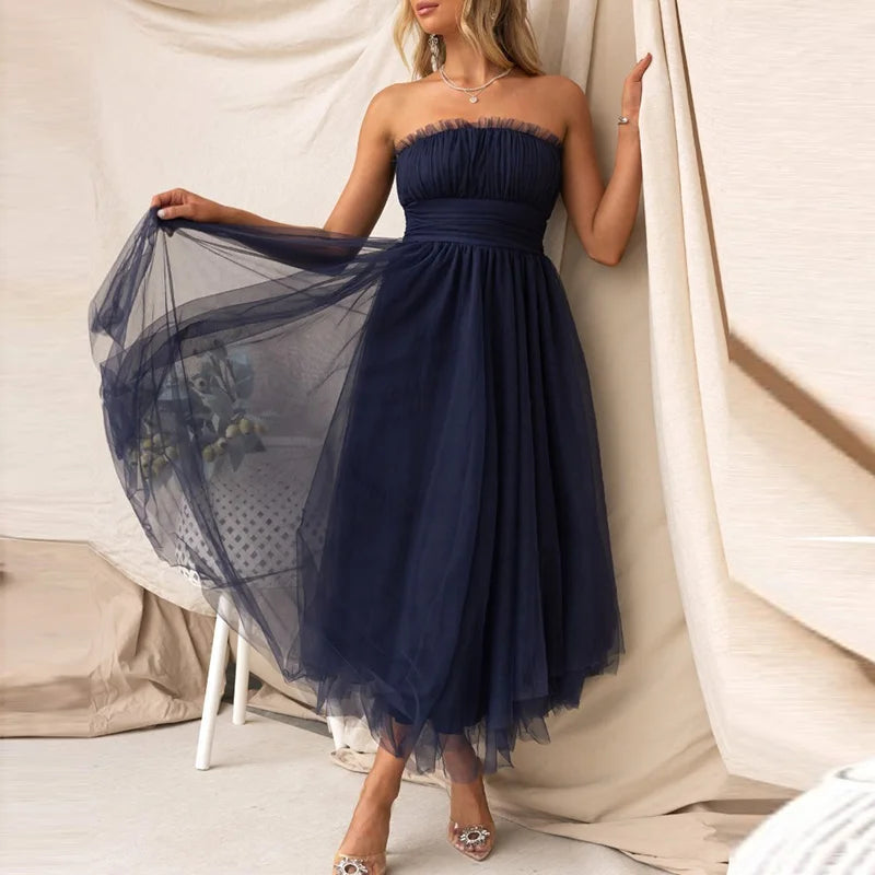 Women Fashion Bralette Mesh Long Dress Summer Elegant Hight Waist Solid Princess Dress Casual Sleeveless Party Evening Dresses
