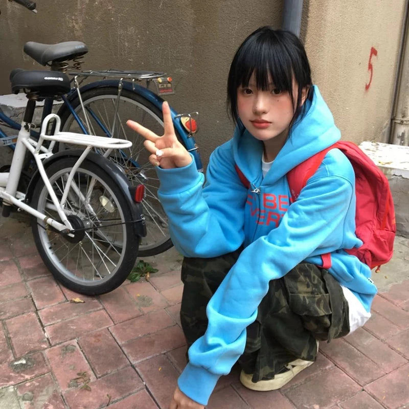 Y2K Letter Print Hoodies Sweatshirt Women Korean Fashion Cotton Zipper Loose Jacket New Harajuku Streetwear Ladies Tops