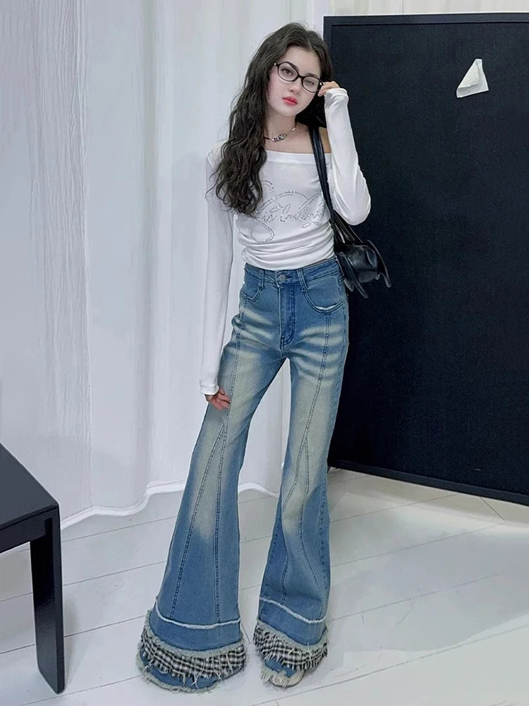 Women Stitch Raw Edge Ruffle Hem Flare Jeans Retro Tartan Plaid Whiskers Boot Cut Pants Grayu Y2k Korean Streetwear