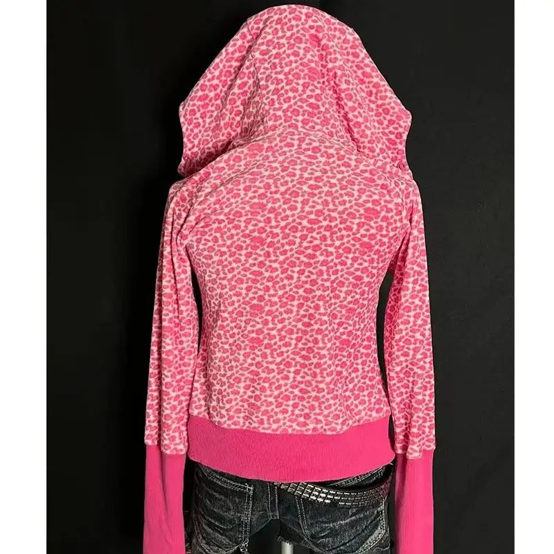 Autumn/Winter American Retro Hot Girl Plum Pink Leopard Pattern Loose Hoodie Women Top Vintage Zipper Coat Sweatshirt for Women