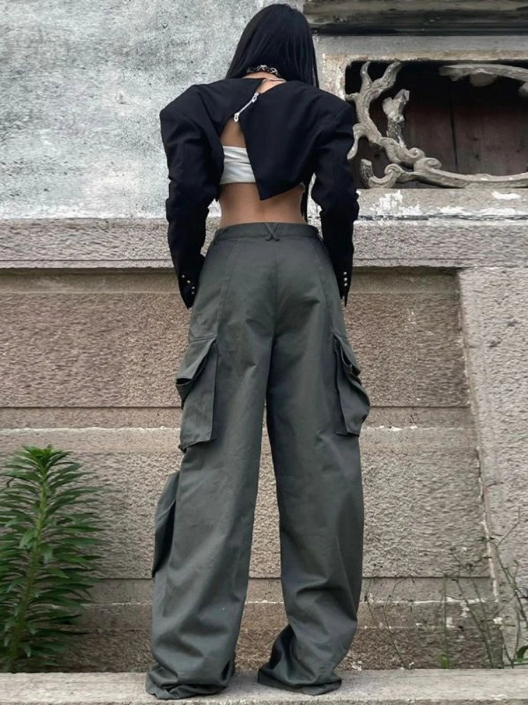 Y2k Streetwear Pockets Cargo Pants Harajuku Low Rise Baggy Straight Pants Loose American Retro Trousers Aesthetic 2024