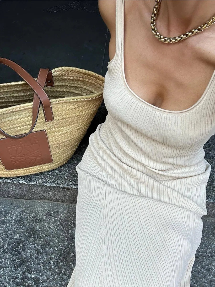 2024 New Solid Pit Striped Knitted Dress U Collar Sleeveless Slim Suspender Maxi Dresses Elegant Fashion Summer Holiday Vestidos