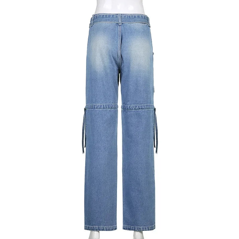 Y2k Street Retro Fashion Jeans Women Midiwaist Sexy Belt Drawstring Casual Straight Pants Women Patchwork Style Streetwear