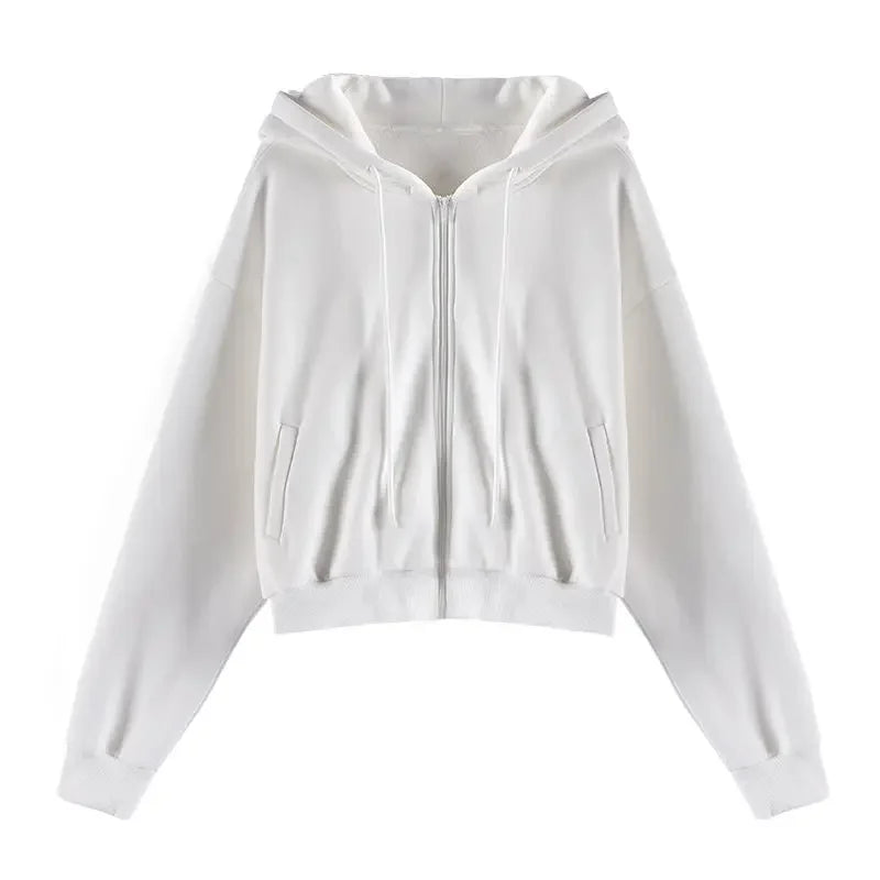 autumn spring women's Zip up hoodies pockets slim crop top women jacket female clothes drawstring white sexy hoody cotton coats