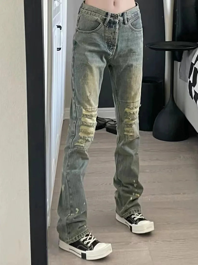 American Y2K low rise sexy jeans laceup design splashed ink distressed vintage thin versatile popular ripped flared pants