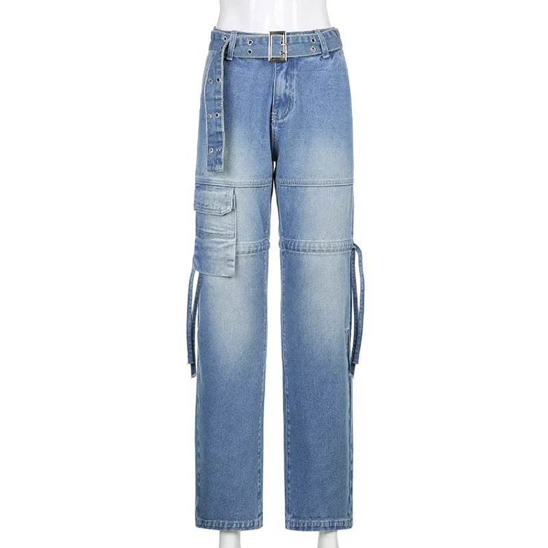 Y2k Street Retro Fashion Jeans Women Midiwaist Sexy Belt Drawstring Casual Straight Pants Women Patchwork Style Streetwear