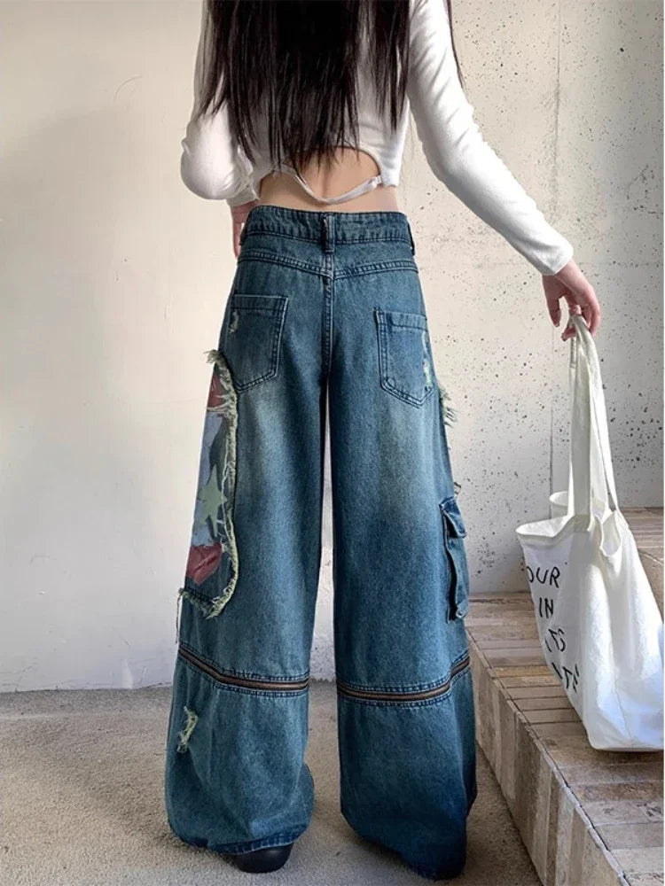 Blue Washed Cargo Jeans Women Ripped Wide Leg Denim Pants Zipper Oversized Streetwear Y2k Hip Hop Graffiti Baggy Bottoms