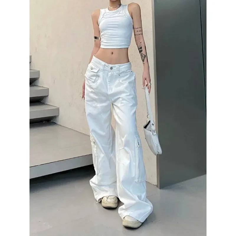 Baggy Vintage Cargo Jeans Woman Korean Fashion Casual Harajuku Wide Leg Denim Pants Basic Ladies Fashion White Trousers