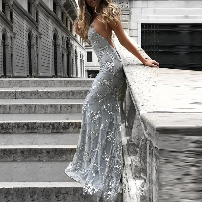 Women Vneck Glitter Sequin Shiny Club Party Dress Spring Crisscross Tie Up Long Mermaid Dress Summer Hollow Sling Maxi Dresses