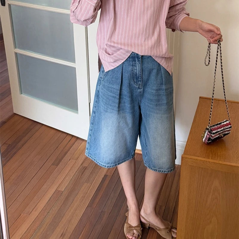 Vintage Washed Women's Denim Wide Leg Shorts Summer Loose High Waist Blue Casual Straight Half Pants Female
