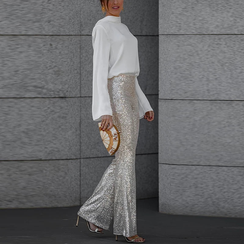 2024 Spring Glitter Sequin Shiny Party Pants Women Elegant High Wiast Slim Flare Trousers New Autumn Fashion Solid Straight Pant