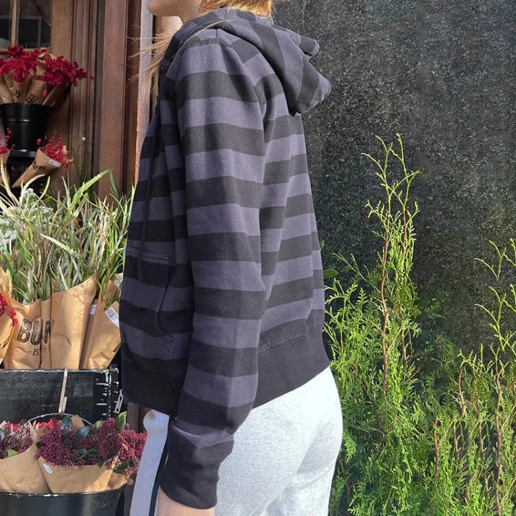 American High Street Striped Casual Hoodie Jackets Spring Autum New Cardigan Coat Women Y2k Long Sleeve Zipper Tops Mujer