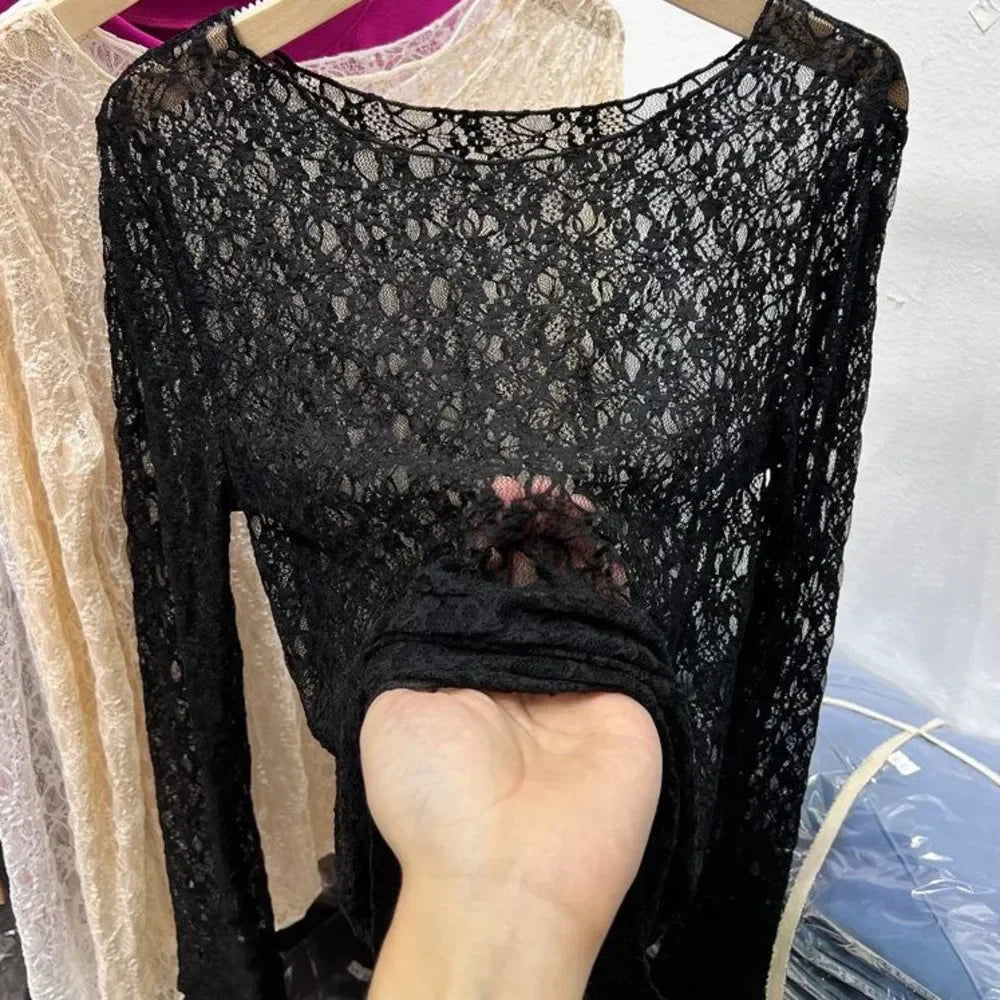 Women Lace Mesh High Collar Bottom T-shirts Female Long Sleeve Autumn Casual Style Tight Thin Tops T-shirts Women Clothes