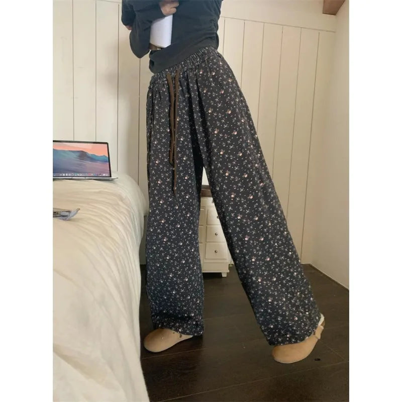 Casual Vintage Sweatpants Woman Korean Baggy Thick Flower Print Wide Leg Pants Harajuku High Waist Autumn Warm Trousers