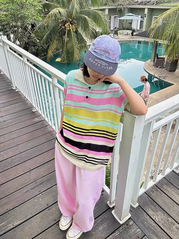 Summer Striped Pants Women Fashion Casual Wide Leg Pants Harajuku Patchwork Fake Two Pieces Trousers Korean Streetwear