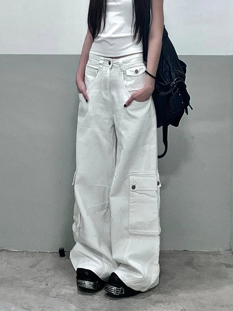 Summer White Womens Jeans High Waist Baggy Casual Vintage Y2K Trend Straight Cargo Pants Street American Wide Leg Denim Trouser