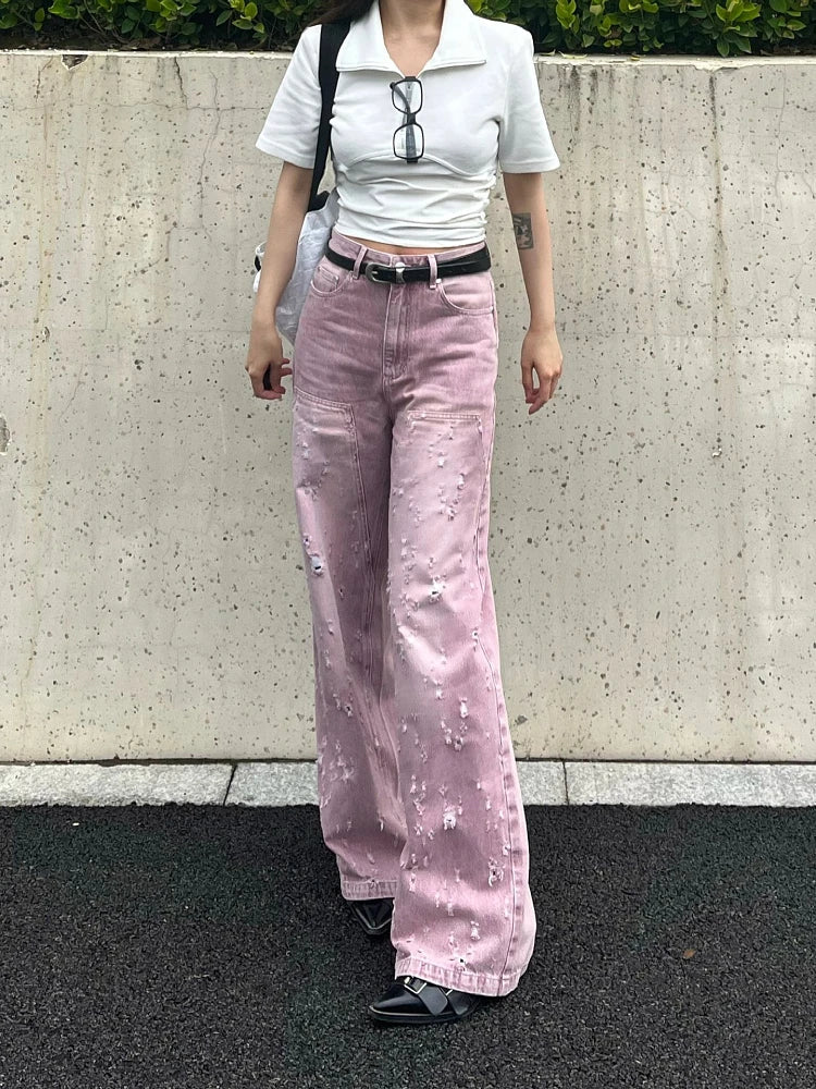 Woman Jeans Denim Pants French Elegance Baddie Gyaru High Street Ins Sweet Korean New Design Ripped Hole Solid Color Loose