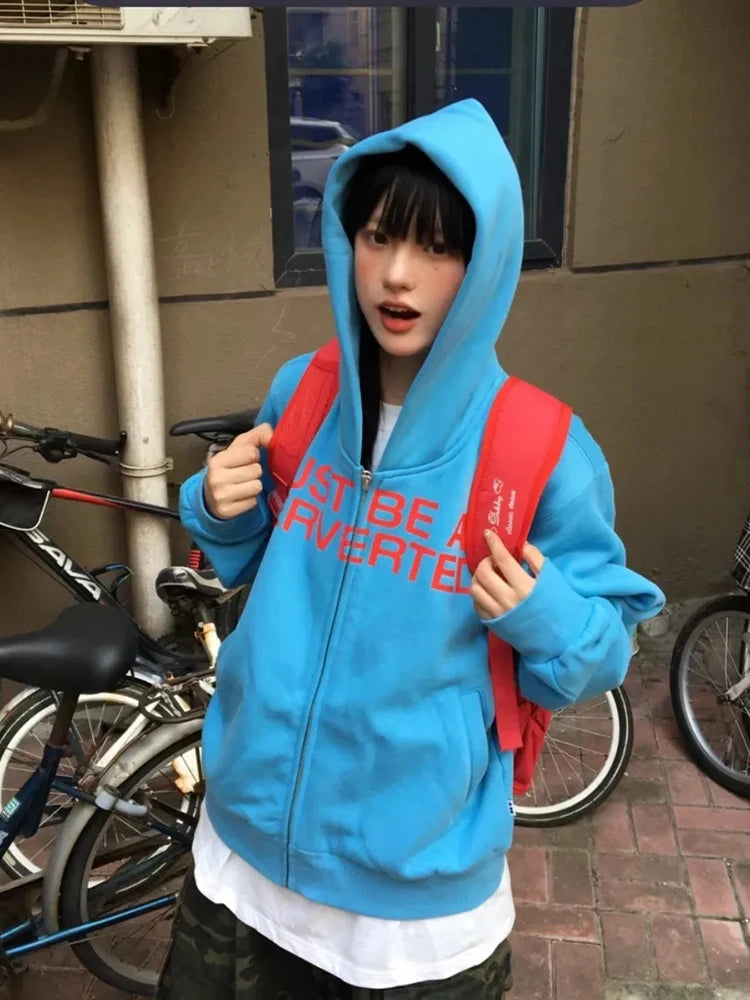 Y2K Letter Print Hoodies Sweatshirt Women Korean Fashion Cotton Zipper Loose Jacket New Harajuku Streetwear Ladies Tops