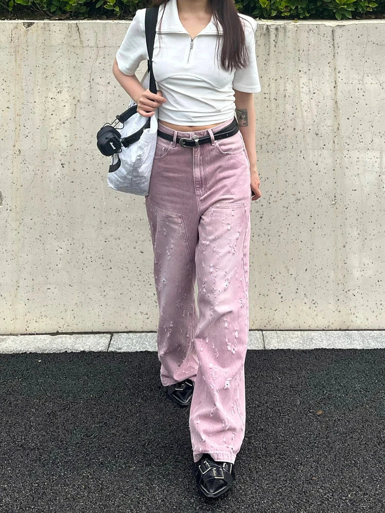 Woman Jeans Denim Pants French Elegance Baddie Gyaru High Street Ins Sweet Korean New Design Ripped Hole Solid Color Loose