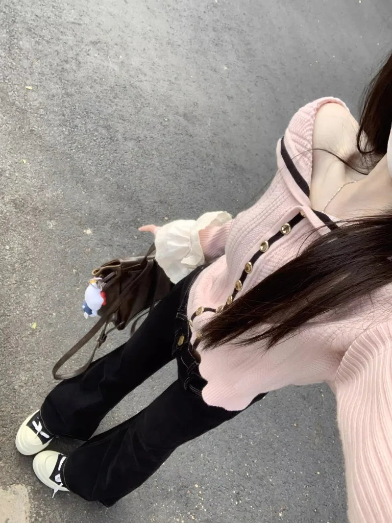 Sweet Hot Girl Pink Off Shoulder Longsleeved Sweater Women's Autumn Sailor Collar Knitted Cardigan Top Fashion Female Clothes