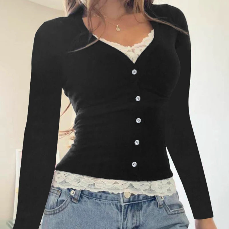Y2K Contrast Lace Slim Top Autumn Cute Long Sleeve Buttons T-shirt Knitted Casual Outfits Sweet Korean Tee Streetwear