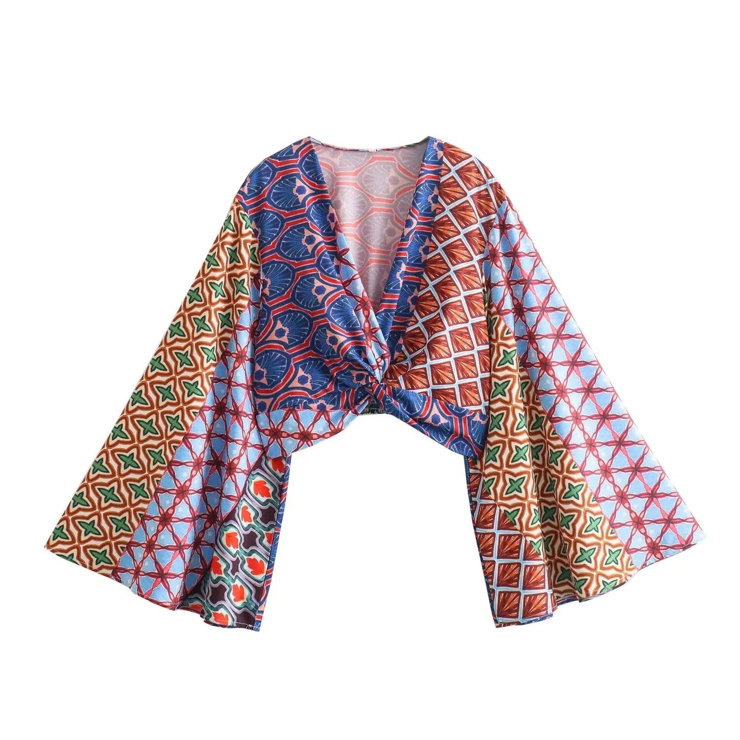 Women Boho 2 Piece Set Elegant Vneck Wide Long Sleeves Printed Crop Top Female Vintage Elastic High Waist Loose Pants