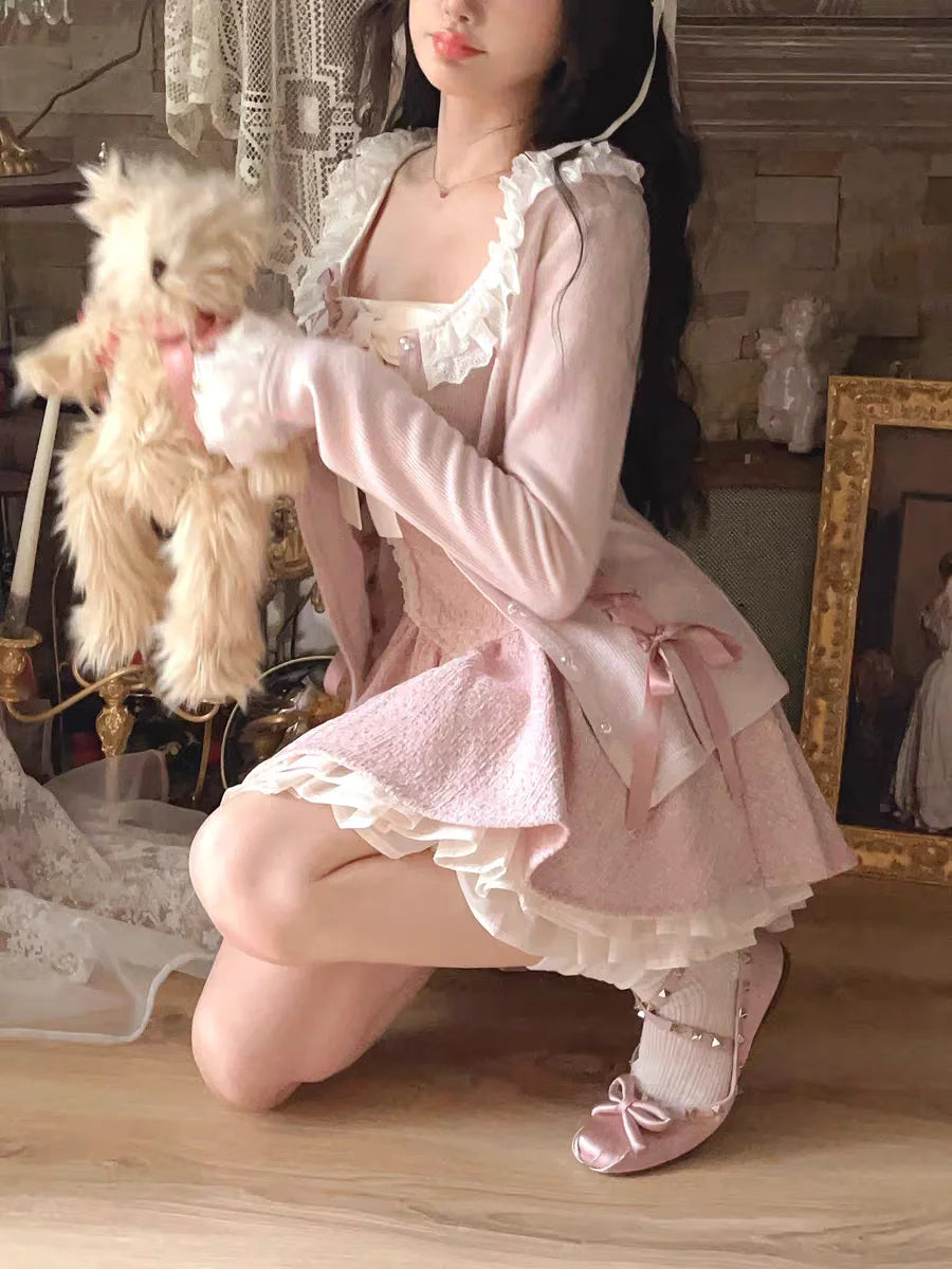 Women's Soft Sweater Cardigan 2024 New Autumn Bow Pearl Single Breasted Oneck Sweater Sweet Coat