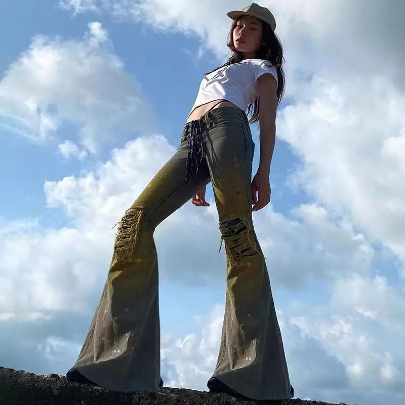 American Y2K low rise sexy jeans laceup design splashed ink distressed vintage thin versatile popular ripped flared pants
