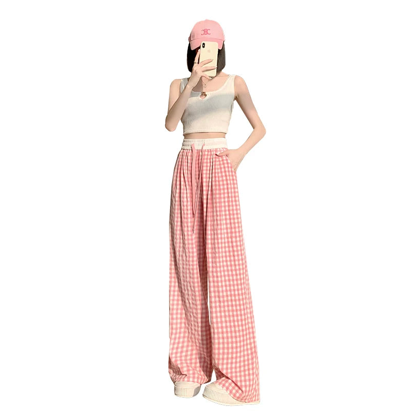 Thin High Waisted Women's Checkered Black and White Wide Leg Pants, Casual Elastic Floor Length Pants, Retro Loose and Versatile