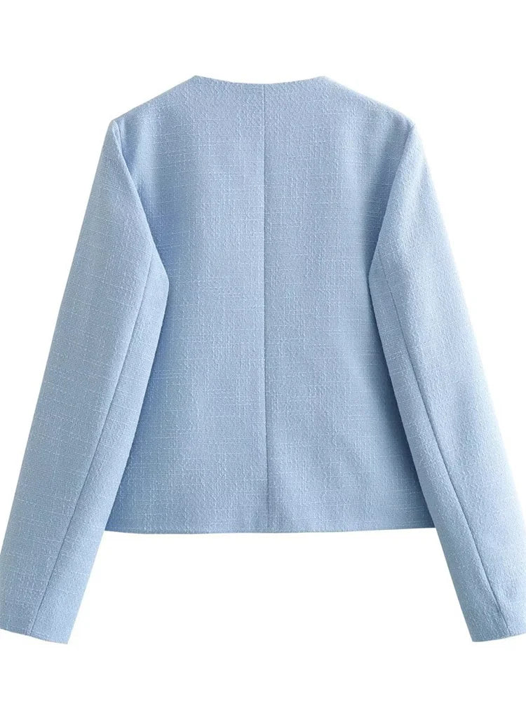 Autumn Casual Patchwork Cardigan Sweater Scoop Neck For Women Solid Pocket Elegant High Waist Outwear Fashion Female Coat
