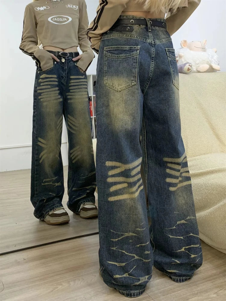 Y2k Oversized Vintage Jeans Woman Hip Hop Blue Vintage Fashion Kpop Wide Leg High Waist Denim Pants Causal Bottoms Mujer