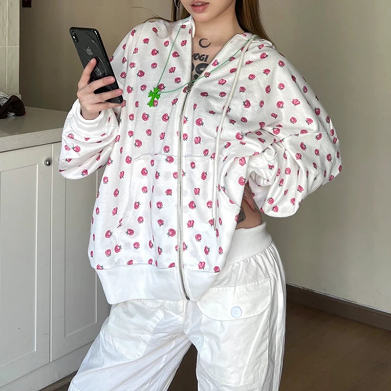 Y2K Floral Print Zipper Hoodie Harajuku Loose Hooded Sweatshirts Cute Oversized Cardigan Casual Basic Thin Coats Autumn