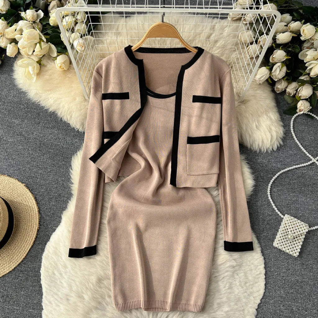 Autumn/Winter Elegant Elegant Small Fragrant Wind Contrast Knitted Cardigan+Suspended Tank Top Knitted Dress ins