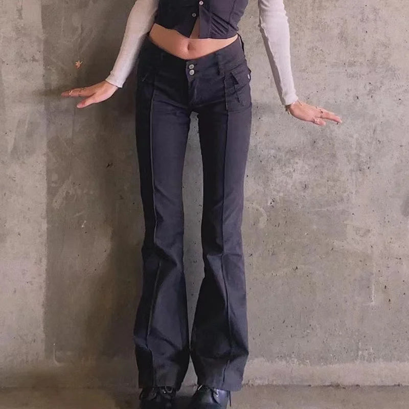 Y2K Brown Flared Jeans Solid Color Pocket Kawaii Trousers Low Waist Aesthetic Jogging Pants Women's Casual Basics
