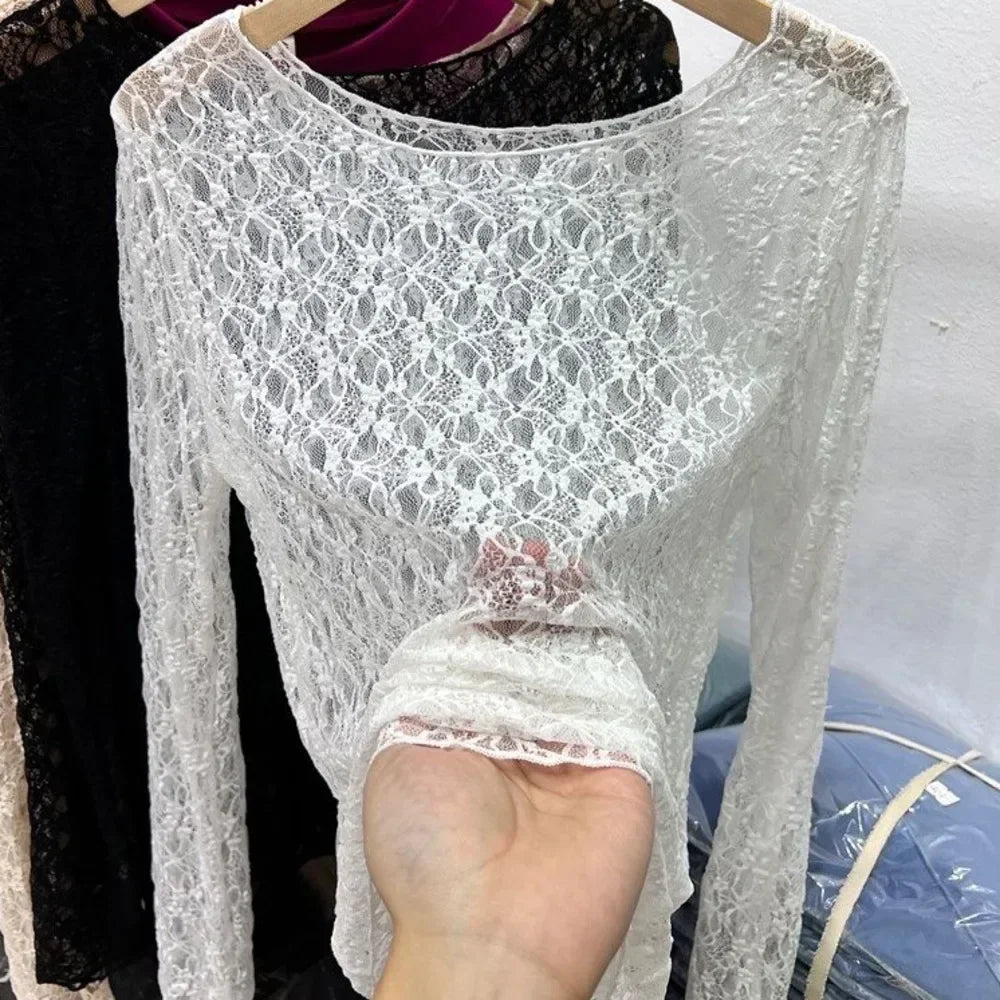 Women Lace Mesh High Collar Bottom T-shirts Female Long Sleeve Autumn Casual Style Tight Thin Tops T-shirts Women Clothes