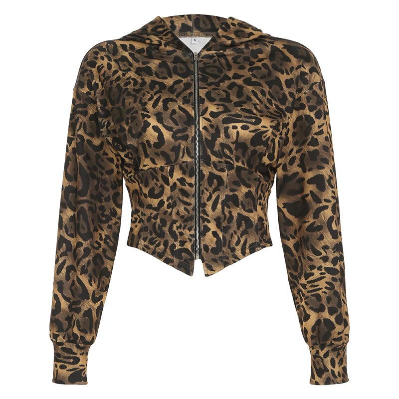 Autumn New Zip Up Hooded Women��s Sweats Long Sleeve Binding Waist Leopard Streetwear Hoodies Gyaru Baddie Y2k