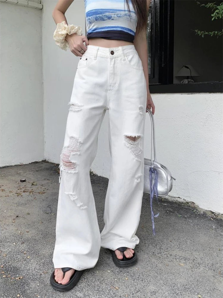 Basic White Ripped Jeans Women Jeans High Waisted Cowboy Pants Oversized Streetwear Denim Trousers Y2k Hip Hop Clothes