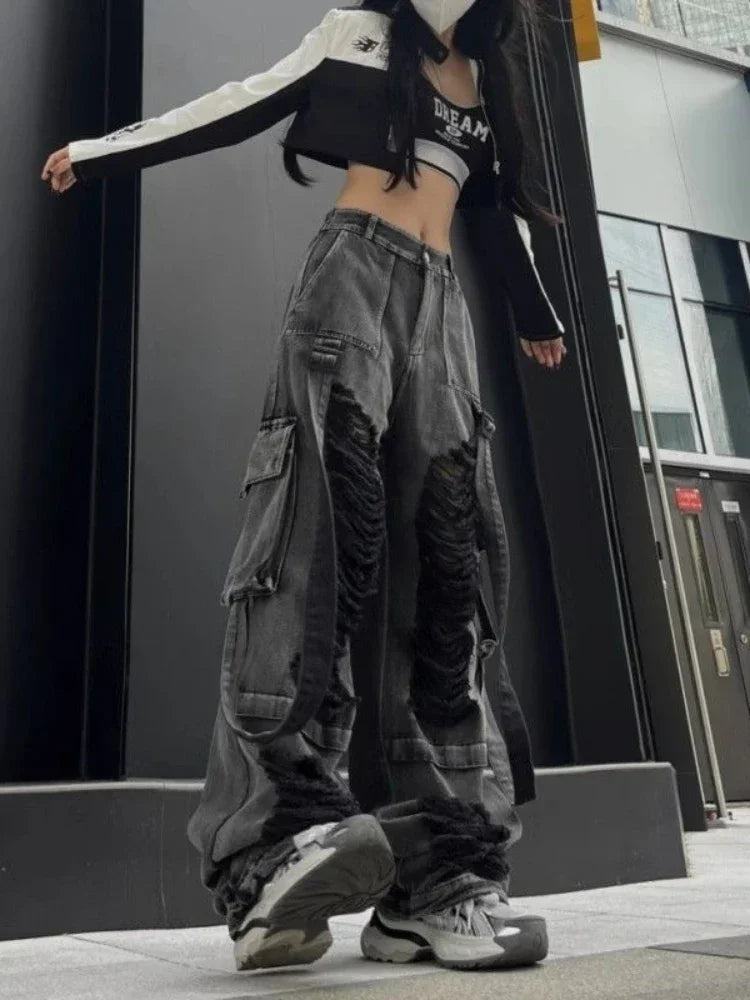 Black Ripped Jeans for Women Hip Hop Y2k Vintage Baggy Hole Do Old Wide Leg Cargo Denim Pants Streetwear Casual Bottoms