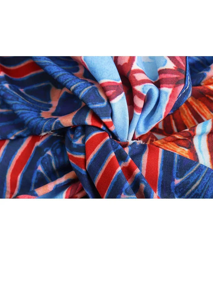 Women Boho 2 Piece Set Elegant Vneck Wide Long Sleeves Printed Crop Top Female Vintage Elastic High Waist Loose Pants