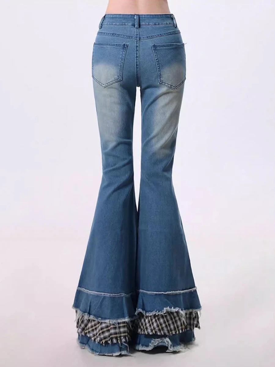 Women Stitch Raw Edge Ruffle Hem Flare Jeans Retro Tartan Plaid Whiskers Boot Cut Pants Grayu Y2k Korean Streetwear