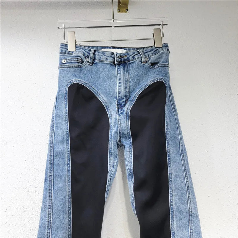 Women's Denim Pants Contrast Color Slim Split Patchwork High Quality Thin Pencil Pants Autumn New Fashion