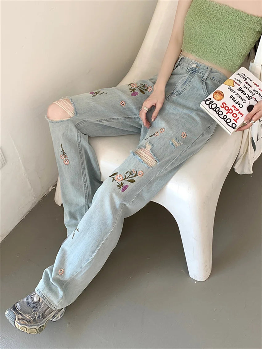 Women Embroidery Flowers Jeans Autumn OL Hole Chic Loose Fashion Slim New Straight Denim Streetwear Pants