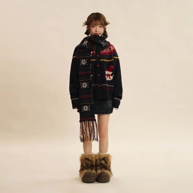 Sweet Hot Girl Retro Knitted Cardigan Women's Winter Snowman Pattern Oneck Loose Sweater Coat Fashion Female Clothes