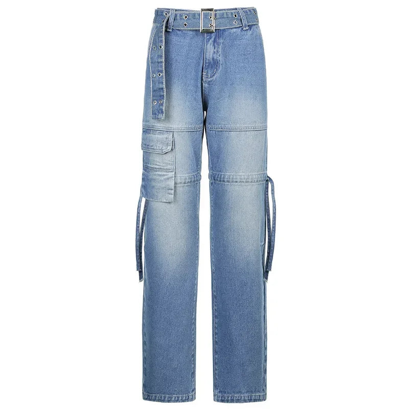 Y2k Street Retro Fashion Jeans Women Midiwaist Sexy Belt Drawstring Casual Straight Pants Women Patchwork Style Streetwear