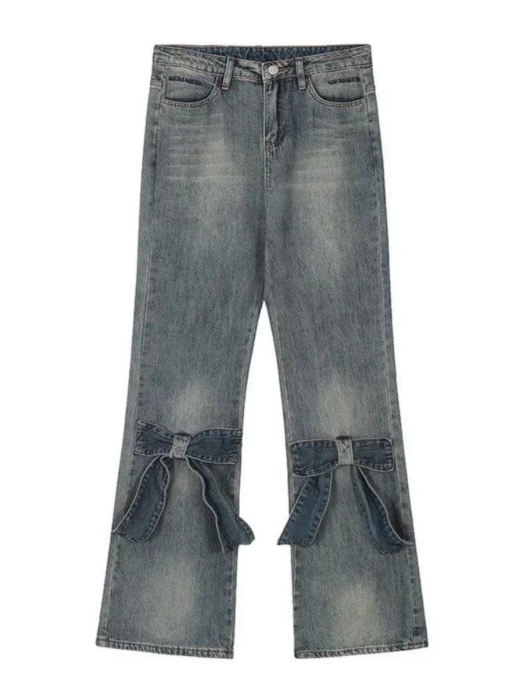 Blue Flared Jeans Women Kawaii Wide Leg Pants with Bow Korean Style Spring Fashion Cutecore High Wasit Denim Trousers